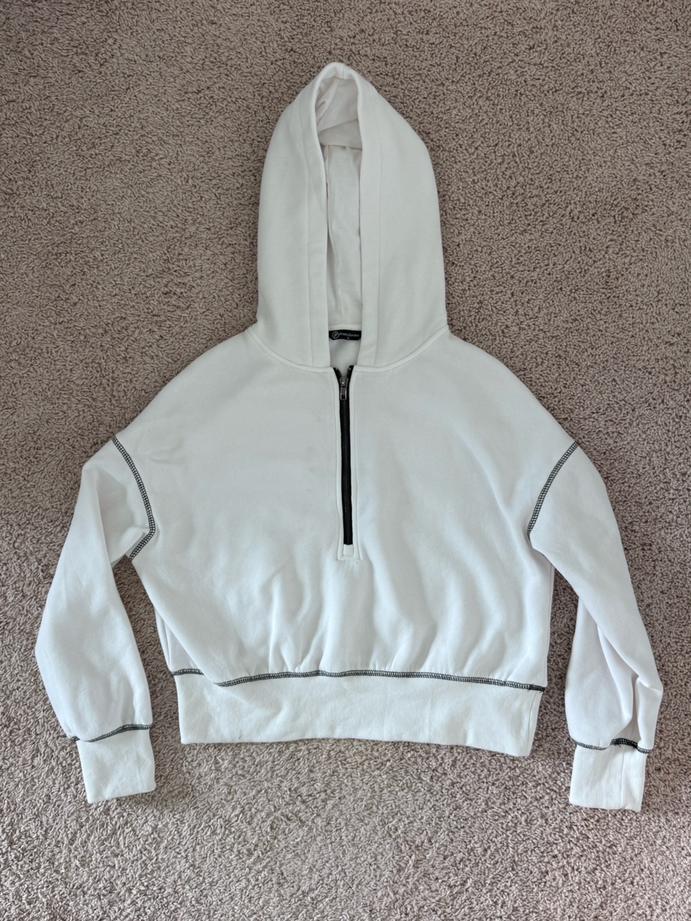 Women's White Half-Zip Hoodie Sweater with Contrast Stitching